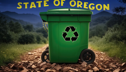 A garbage bin stands amidst the forest backdrop, with the Oregon flag waving above. Embracing eco-friendly practices, promoting waste recycling, and preserving nature's sanctity.