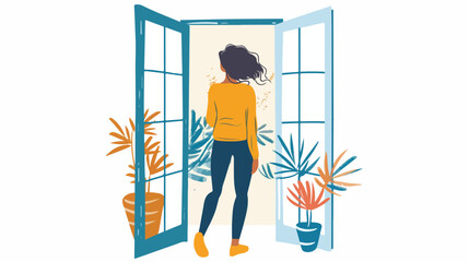 Woman looking out the door. Hand drawn style vector 
