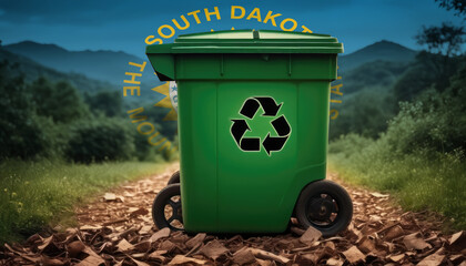 A garbage bin stands amidst the forest backdrop, with the South Dakota flag waving above. Embracing eco-friendly practices, promoting waste recycling, and preserving nature's sanctity.