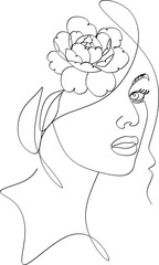 Minimalist linear logo of a woman's face. Linear drawing of a woman's face with flowers. Natural organic cosmetics. Manual work without artificial intelligence