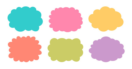 Cute frame set. Playful label shapes children vector illustration. Empty frames for kids design. Colorful speech bubble border clouds.