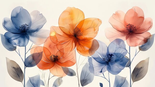 A watercolor art triptych with blue flowers and wildflowers on an abstract background. A wall decor, poster, and wallpaper design depicting French yellow, orange, and pink bouquets, wildflowers, and