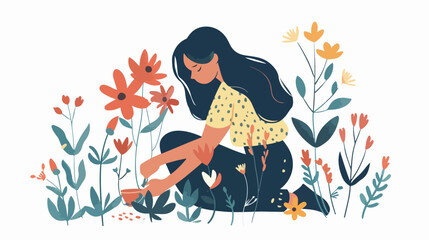 Woman planting flowers. Hand drawn style vector design