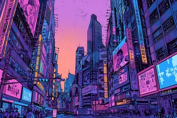 : A bustling metropolis with skyscrapers and neon lights, inked with sharp, angular lines