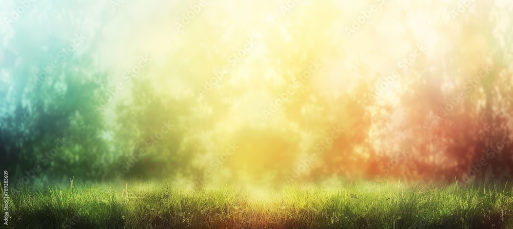 Aufkleber blurred spring meadow with sunny gradient sky and defocused bokeh for serene natural background
