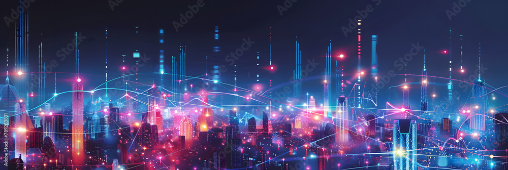 Poster smart city and abstract dot point connect with gradient line and aesthetic intricate wave line desig