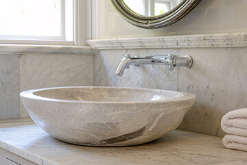 White bathroom interior design, washbasin and faucet on white marble counter in modern luxury minimal washroom. - 789283804