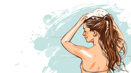 Woman washing hair in shower. Hand drawn style vector