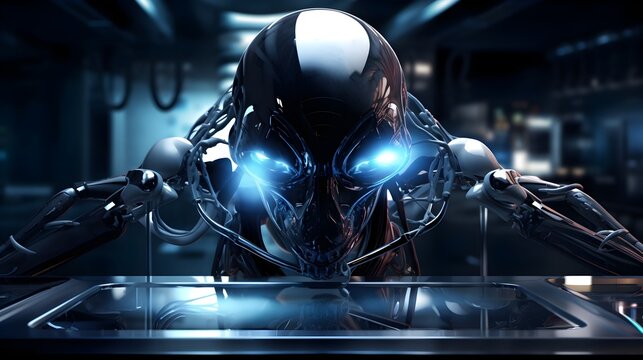 Cybernetic Extraterrestrial Experiment in Futuristic Science Lab with Wired Cyborg Specimen