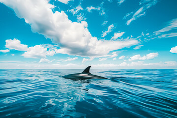 Shark fin on surface of ocean against blue cloudy sky