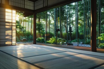 Modern Minimalism Japanese interior Clean lines contemporary space. Sleek tatami mats seamlessly...
