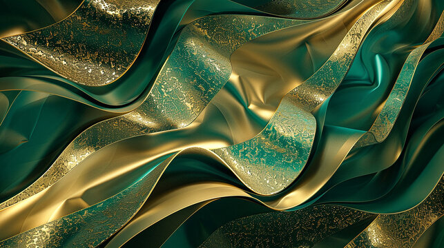 This portrayal showcases image of a flowing abstract pattern in shades of opulent emerald and gold, resembling a regal tapestry. in a stunning visual representation.