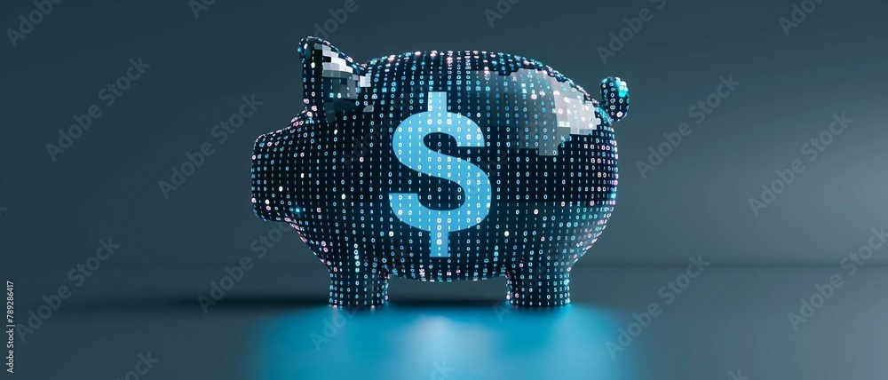 Poster digital blue piggy bank with a dollar 