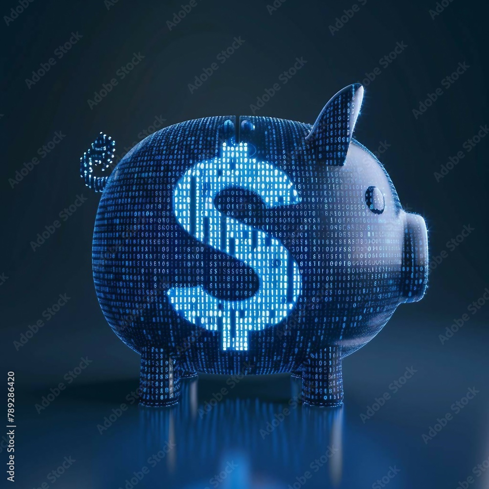 Poster digital blue piggy bank with a dollar 