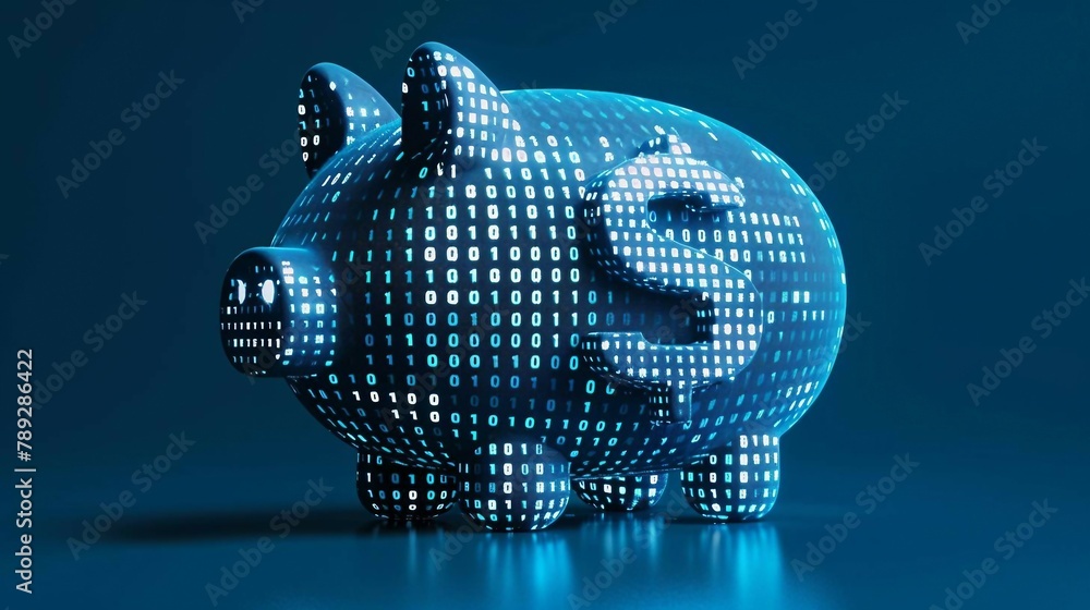 Poster digital blue piggy bank with a dollar 