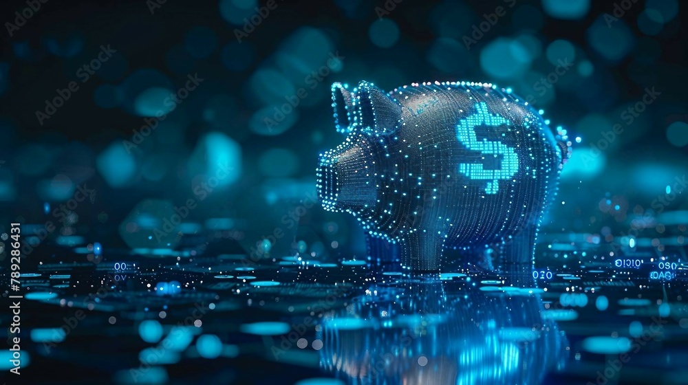 Poster digital blue piggy bank with a dollar 