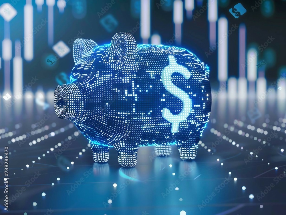 Poster digital blue piggy bank with a dollar 