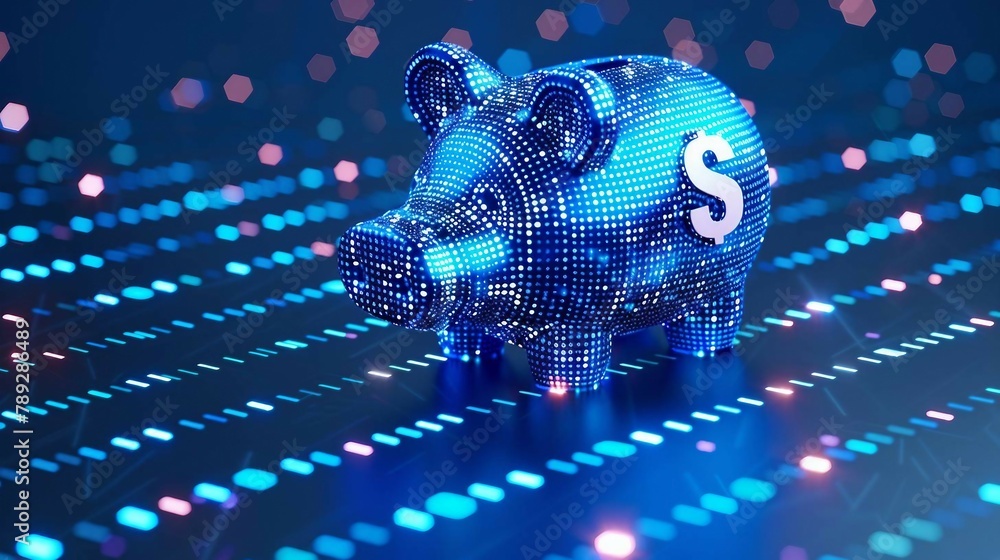 Poster digital blue piggy bank with a dollar 