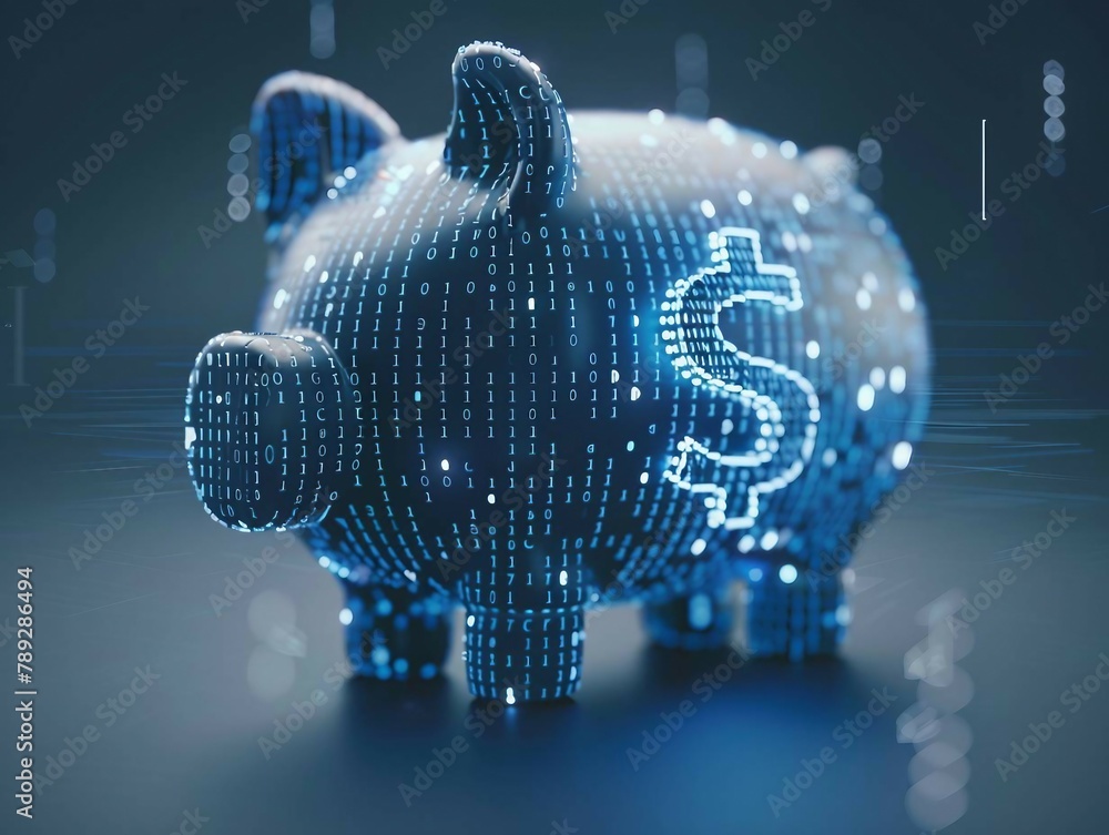 Poster digital blue piggy bank with a dollar 