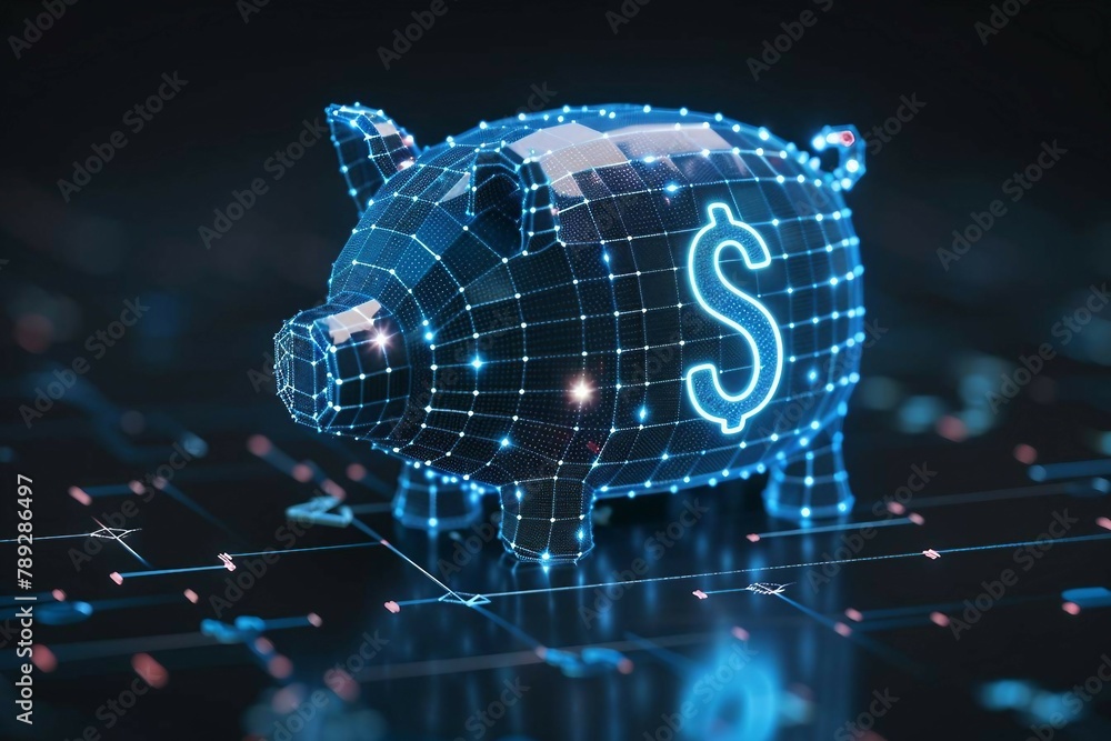 Poster digital blue piggy bank with a dollar 