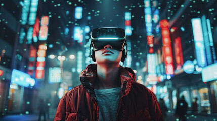 Young man wearing augmented, virtual reality device, cyberpunk concept