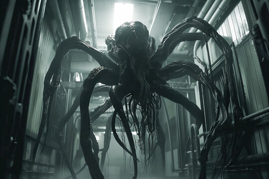 Scary alien monster with tentacles, coming out of the darkness