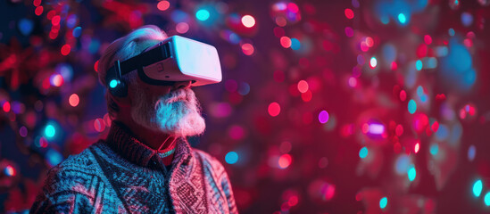 Old man getting new experiences with virtual reality gadget in neon abstract space - obrazy, fototapety, plakaty