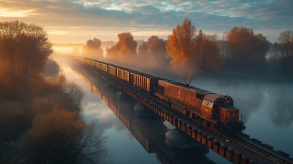 Freight train crossing a bridge. AI generate illustration - obrazy, fototapety, plakaty