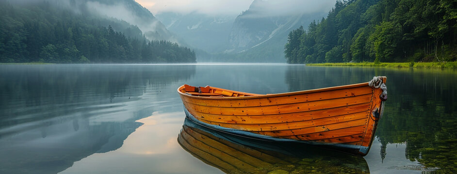 Wide horizontal nature scenery photo of Isolated old traditional fishing boat decking on a calm lake, landscape with misty forest in the morning sunrise  