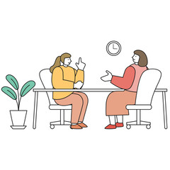オフィスで机をはさんで会話する2人の女性のイラスト