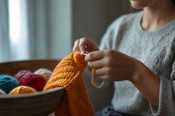 Young beautiful woman knitting at home
