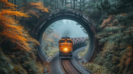 Freight train moving through a tunnel. AI generate illustration - obrazy, fototapety, plakaty