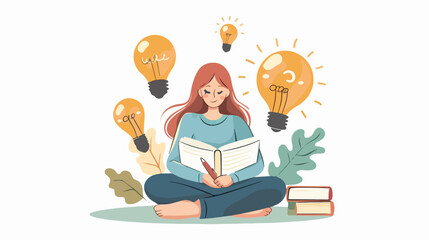 Young girl writing good ideas as light bulbs on paper