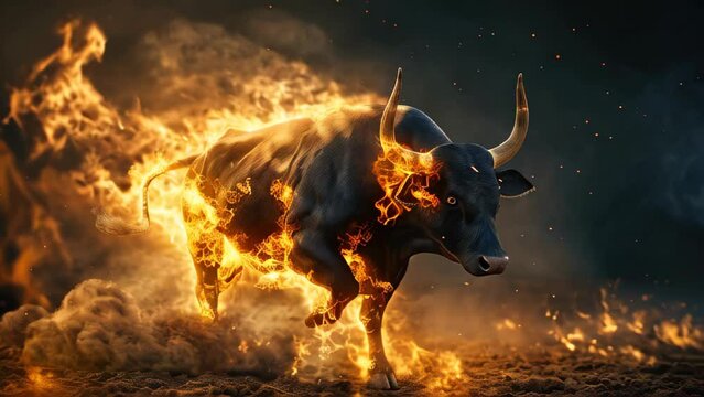 Slow Motion Video of Flaming Bull in Dust Cloud - Symbol of a Strong Bull Market