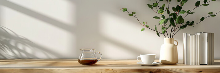 empty wooden shelf on white wall with a cup coffee and  sun rays and plant shadow, simple product presentation mockup background 