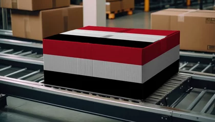 Foto op Plexiglas A package adorned with the Yemen flag moves along the conveyor belt, embodying the concept of seamless delivery, efficient logistics, and streamlined customs procedures © Александр Бердюгин