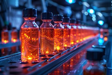 Bottles of orange liquid on a production line. - obrazy, fototapety, plakaty