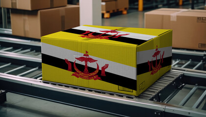 A package adorned with the Brunei flag moves along the conveyor belt, embodying the concept of seamless delivery, efficient logistics, and streamlined customs procedures