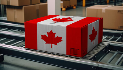 A package adorned with the Canada flag moves along the conveyor belt, embodying the concept of seamless delivery, efficient logistics, and streamlined customs procedures