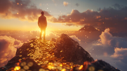 Man standing on pile of golden coins, on top of a mountain lucrative investment concept
