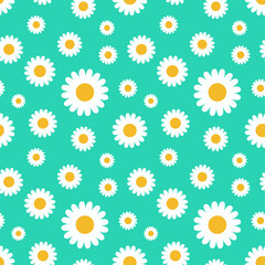 Daisy flower seamless on editable green background illustration. Pretty floral pattern for print. Flat design vector. Spring flower seamless design.