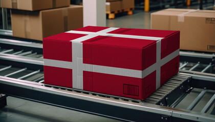 A package adorned with the Denmark flag moves along the conveyor belt, embodying the concept of seamless delivery, efficient logistics, and streamlined customs procedures