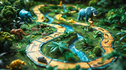 A board game template featuring jungle animals on a winding path through a lush rainforest Players navigate through challenges and trivia about wildlife