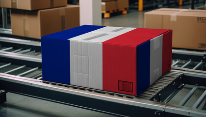 A package adorned with the France flag moves along the conveyor belt, embodying the concept of seamless delivery, efficient logistics, and streamlined customs procedures