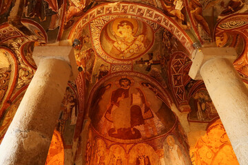 Christian ceiling fresco, painting inside of the Sandal Church, Carikli Kilise at the Göreme Open...