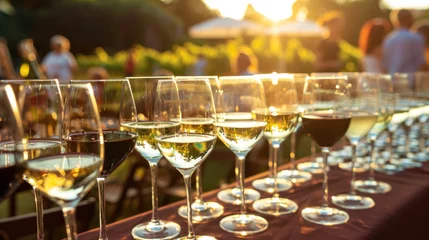Fotobehang Glasses of wine prepared for professional tasting on summer restaurant terrace © Kondor83