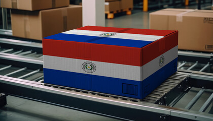 A package adorned with the Paraguay flag moves along the conveyor belt, embodying the concept of seamless delivery, efficient logistics, and streamlined customs procedures