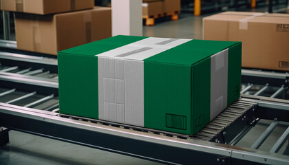 A package adorned with the Nigeria flag moves along the conveyor belt, embodying the concept of seamless delivery, efficient logistics, and streamlined customs procedures