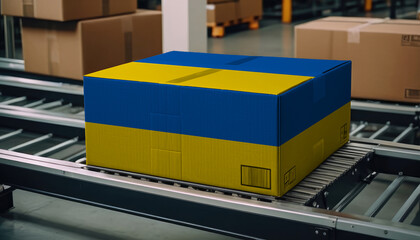 A package adorned with the Ukraine flag moves along the conveyor belt, embodying the concept of seamless delivery, efficient logistics, and streamlined customs procedures