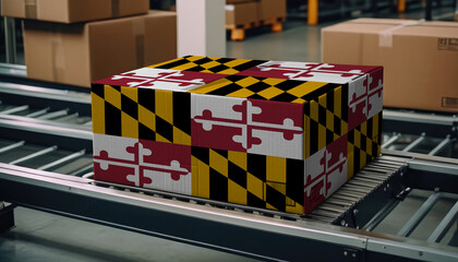 A package adorned with the Maryland flag moves along the conveyor belt, embodying the concept of seamless delivery, efficient logistics, and streamlined customs procedures